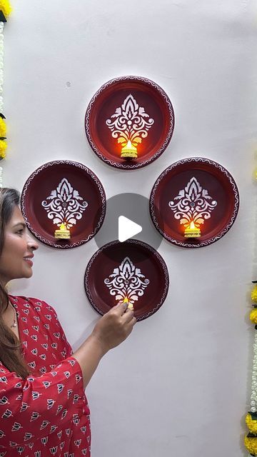 Poonam Kudale on Instagram: "Comment Product link 🔗  Easy Diwali Decoration Ideas 💡  . Material Used : Paper Plates  Stencil  Acrylic colours: Indian Red , White Tealight holder Decorative material  . Do you like this idea, then please Double tap ❤️ let me know in comment section👇 . . Also, SAVE it for your future reference + SHARE with friends/family who may find it useful 🙌🏻 .  Diya wall decor/ holder from paper Diwali Tealight Wall Decor Idea / Deepdwar DIY Easy Diwali Paper craft idea Diya wall decor/ holder from paper Diwali Decor Diya Diwali Wall Art Decoration . #diwalidecorations #diwali #papercrafts #diwalidiya #festivaldecor #diwalidecor #diwalidecorationideas #deepdwar #paperdiya #craftreels #gratefulart" Diwali Paper Craft, Easy Diwali Decoration Ideas, Diya Diwali, Diwali Decoration Ideas, Diwali Diya Decoration, Diy Diwali Decorations, Diwali Diya, Diwali Decor, Festival Decor