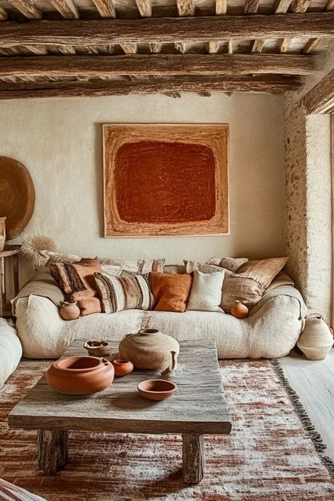 A stunning display of terracotta decorations that showcase rustic charm. This pin includes rustic decor tips featuring terracotta accents for both indoor and outdoor spaces. Rustic Scandinavian Living Room, Earthy Living Room Ideas, Redecorate Room, Scandinavian Living Room Ideas, Raw Wood Coffee Table, Terracotta Accents, Terracotta Decor, Dark Brown Walls, Natural Wood Coffee Table