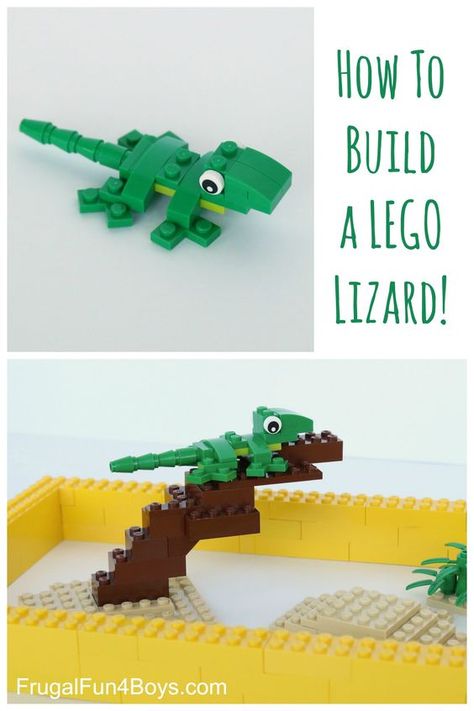 Here are some building instructions for making a cute little LEGO Lizard! My 9 year old son designed this LEGO lizard, and I thought he did a great job! Here’s how to build it: Step 1: Start with a 1 x 2 – 1 x 2 inverted bracket (green), a 2 x 4 lime green...Read More » Lego Lizard, Lego Hacks, Instructions Lego, Lego Challenge, Lego Building Instructions, Lego Club, Lego Diy, Lego Animals, Lego Activities