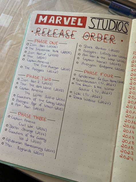 Marvel Release Order, Marvel Movies Release Order, Movie Notebook, Marvel Journal Ideas, Marvel Journal, Movie Journal Ideas, Marvel Movies List, Marvel Movies In Order, Writing School