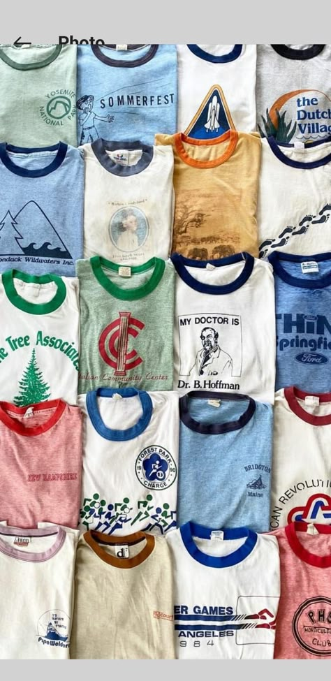 70s Graphic Tees Vintage, 70s Vintage Tshirt, Ringer Shirt Outfit, Vintage Camp Tshirts, Diy Vintage Tshirt, Vintage Ringer Tshirt, 70s Ringer Tee, Retro Ringer Tee, Ringer Tee Vintage