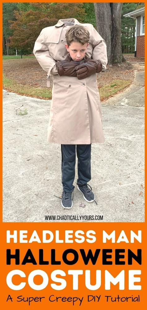 Check out this super easy, extra creepy Headless Man Halloween Costume. Use recycled materials to create the awesome optical illusion costume. Headless Man Costume For Kids, How To Make Headless Halloween Costume, Halloween Headless Costume, Head On Platter Costume, Scary Homemade Costumes, Halloween Costumes Headless, How To Make A Headless Costume Diy, Headless Man Costume Diy, Teen Costume Diy