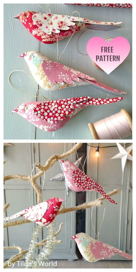 8 DIY Quilt Fabric Bird Free Sewing Patterns | Fabric Art DIY Diy Quilted Christmas Ornaments, Fabric Art Diy, Fabric Bird, Christmas Fabric Crafts, Fabric Crafts Diy, Diy Fabric Crafts, Scrap Fabric Crafts, Scrap Fabric Projects, Folded Fabric Ornaments