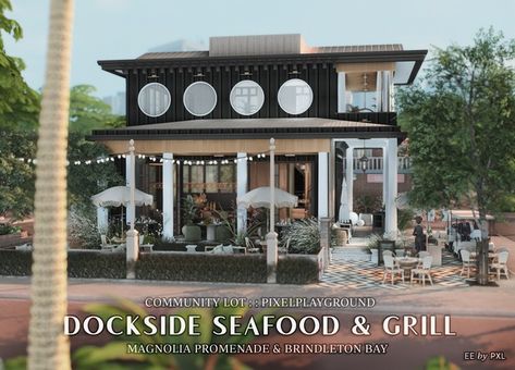 DOCKSIDE SEAFOOD & GRILL - BUILD for TS4 ❤ | Patreon Sims 4 Airbnb, Sims 4 Seafood Restaurant, Sims 4 Brindleton Bay Restaurant, Brindleton Bay Sims 4, Sims 4 Gallery Lots, Sims 4 Restaurant Build, Sims 4 Bar, Sims Lips, Sims Gallery