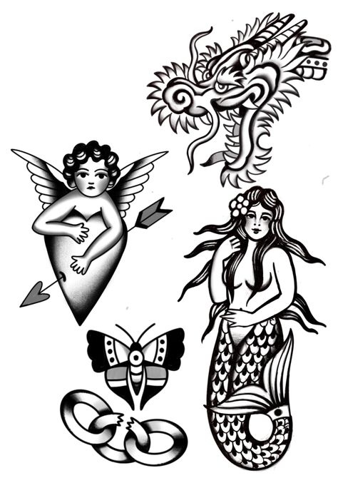 Traditional Mermaid Tattoos Old School, Trad Mermaid Tattoo, Mermaid Traditional Tattoo, Traditional Tattoo Dragon, Traditional Mermaid Tattoos, Vintage Tattoos, Traditional Tattoo Flash Art, Sailor Tattoos, Vintage Tattoo Design