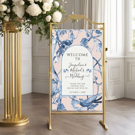 Welcome guests in style with this elegant floral wedding canvas print. Featuring beautiful blue, white, and pink florals, it's a charming addition to any wedding decor. #WeddingWelcomeSign #FloralDecor #WeddingCanvas #ElegantWedding #CustomArt Chinoiserie Wedding, Wedding Canvas, Dusty Blush, Chinoiserie Blue, White Watercolor, Chinese Design, Chinese Wedding, Elegant Interiors, Blue Decor