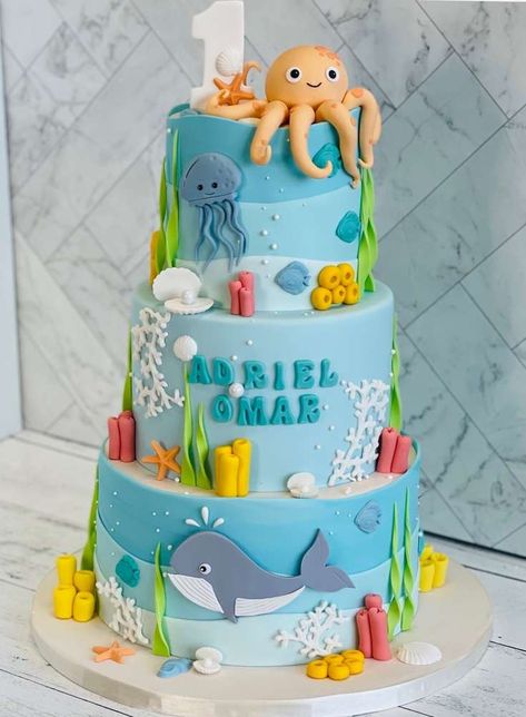 Adriel’s Under the Sea 1st birthday | CatchMyParty.com Under The Sea First Birthday Boy, One Der The Sea First Birthday, Under The Sea Birthday Party Boy, Birthday Sea Theme, Oneder The Sea 1st Birthday Boy, Ocean Theme Birthday Cake, Underwater Cake, Sea Theme Birthday Party, Oneder The Sea 1st Birthday