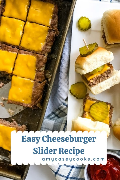 Cheeseburger Sliders have all the deliciousness of full size burgers but, in a mini version. The time saving and easy slider recipe skips the forming of individual burgers and the time spent at the grill. Make 24 sliders all at once in a sheet pan. #sheetpansliders #sheetpanrecipe #sliderrecipe #sliderscheese #sliderseasyrecipe Keto Sliders Recipes Hamburger, Cheeseburger Appetizer Mini Burgers, Hamburger Sliders For A Crowd, Burgers For A Crowd Parties, Hawaiian Sliders Burgers, Cookie Sheet Hamburger Sliders, Sheet Pan Sliders Burgers, Make Ahead Cheeseburger Sliders, Sheet Pan Big Mac Sliders