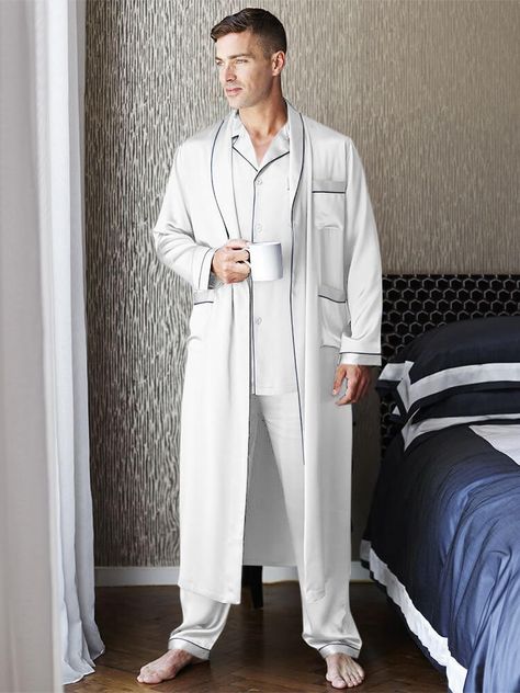 19 Momme Mens Luxury Silk Pajamas Robe Set with Trimming Mens Silk Robe, Mens Night Suit, Robes Men, Men Pyjamas, Robe Pajamas, Mens Silk Pajamas, Night Wears, Chu Wanning, Men's Pajamas