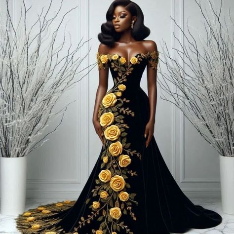 Embrace the allure of this off-shoulder black dress, adorned with radiant yellow roses and golden leaves. A perfect blend of sophistication and nature's beauty, a statement of confidence. Black Dress With Roses, Herero Dress, Anime Character Ideas, Yellow Gown, Queen Dresses, Fashion Design Ideas, Gown Ideas, Dinner Dress Classy, Buddhism Quote