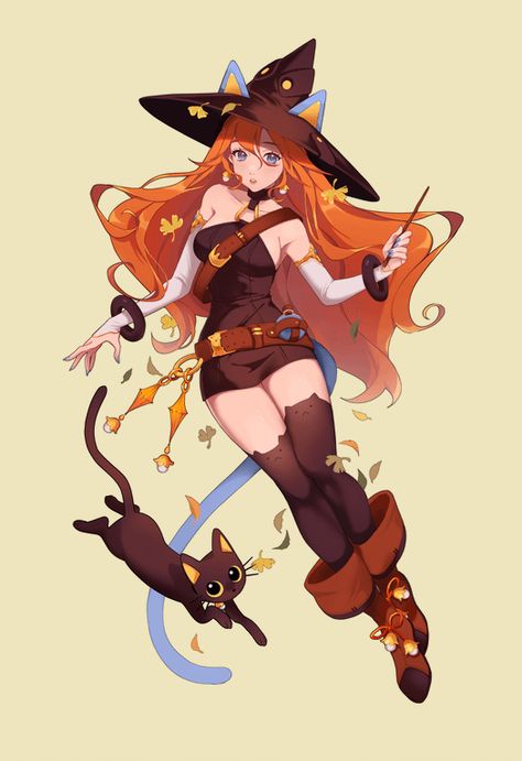 Witch & Cat by @Syertse Animated Witch, Wizard Cat, Types Of Magic, Anime Witch, Cat Oc, Anime Monsters, Paintings And Drawings, Different Art Styles, Witch Cat