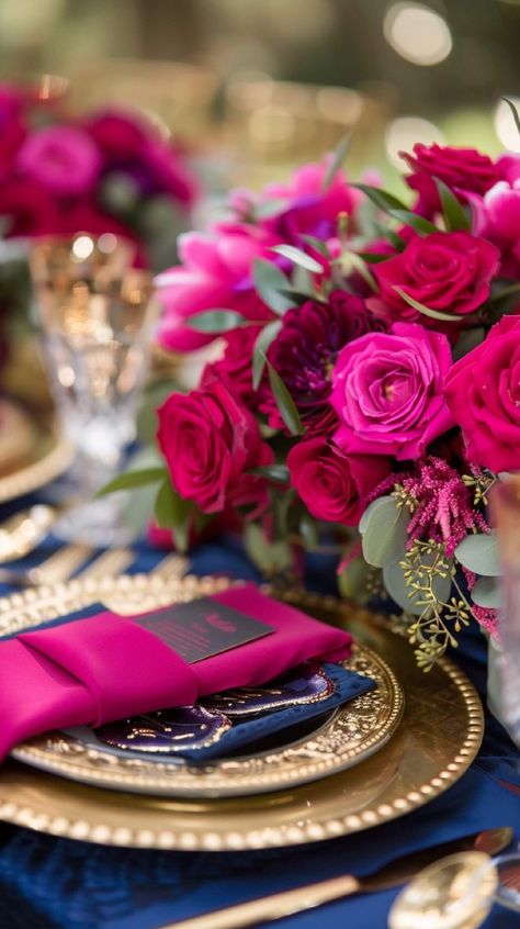 Magenta Wedding Colors, Hot Pink Wedding Colors, Pink Quinceanera Decorations, Magenta Wedding Theme, Blue Wedding Theme Ideas, Navy Wedding Theme, Pink Table Decorations, Navy Gold Wedding, Navy Blue And Gold Wedding