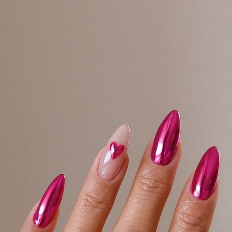 Chrome Pink Valentine Nails, Chrome Nails Designs Valentine, February Chrome Nails, Pink Chrome Nails With Red Heart, Pink Chrome Nails Valentine, Pink Crome Valentines Nails, Pink Chrome Valentines Day Nails, Holographic Valentine Nails, Hot Pink Crome Nails Almond