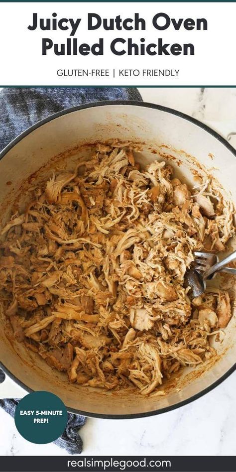 Juicy, Shredded Dutch Oven Pulled Chicken - Real Simple Good Oven Pulled Chicken, Air Fryer Pulled Pork, Pulled Pork Oven, Pulled Chicken Recipes, Dutch Oven Chicken, Pork Seasoning, Chicken Sandwich Recipes, Dutch Oven Recipes, Oven Chicken