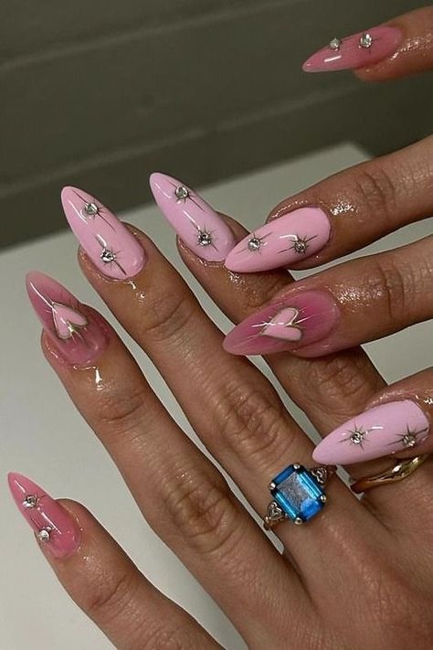 Pink Almond Birthday Nails, Trendy Almond Nails 2024, Crazy Nails Designs, Pink Funky Nails, Crazy Nails Ideas, Rhinestone Nail Ideas, Crazy Summer Nails, Nail Art Designs Pink, Pink Nails With Rhinestones