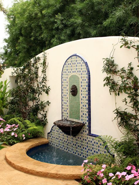 Spanish fountain Spanish Tile Patio Outdoor Areas, Tile Courtyard, Spanish Mosaic, Spanish Fountain, Fountain Tile, Courtyard Fountain, Spanish Courtyard, Stucco Wall, Fountain Ideas