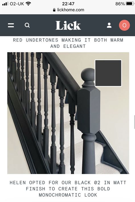 Charcoal Stair Railing, Navy Banister Stairways, Black Stairwell Banister, Green And Black Hallway Ideas, Black Wooden Stair Railing, Grey Stair Banister Ideas, Anthracite Staircase, Painted Stair Handrail, Grey And Black Staircase