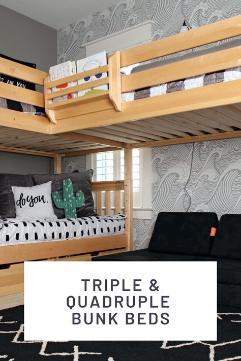 Full house? We've got you covered. Choose from options that include stacked triple bunk beds, corner triple bunk beds, quadruple bunk beds, and trundle beds that sleep one more! Check out bunk bed options for sleeping many from three - six or more! Triple and Quad beds are just one of many Unique Bed options from Maxtrix Kids. Solid wood, made to last and easily reconfigurable. Customize your unique solution to fit your space, needs and number of kids or teens. Three Beds Small Room, Triple Loft Bunk Beds, 3 Layer Bunk Beds, Corner Triple Bunk Beds, Quad Beds, Quad Bunk Beds Small Spaces, Triple Bunk Beds Diy Small Spaces, Three Beds In One Room Kids, 4 Kids In One Room