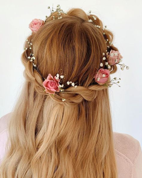 Charming And Easy Flower Girl Hairstyles ★ flower girl hairstyles braided halo with flowers ashpettyhair Cute Valentines Dance Hairstyles, Braid Crown With Flowers, Wedding Crown Braid, Crown Braid Tutorial Half Up Half Down, Crown Braid With Flowers, Middle School Dance Hairstyles, Half Crown Braid, Valentine's Hairstyles, Hairstyles For Valentines Day