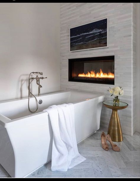 Bathtub With Fireplace, Violet Syrup, Soak Tub, Fireplace And Tv, Master Tub, Contemporary Western, Stand Alone Tub, Bathroom Fireplace, Bathtub Decor