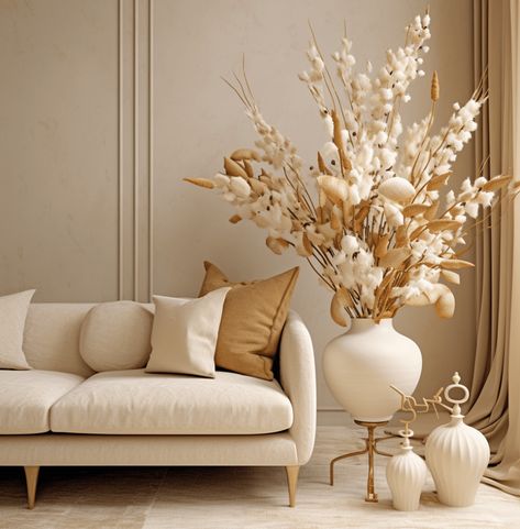 White and Beige Living room with Dry flowers in a white vase White And Beige Living Room, Cohesive Home Decor, Beige And White Living Room, Ivory Living Room, Classical Home, Tan Living Room, Beige Living Room, Beige Room, Latest Interior Design Trends