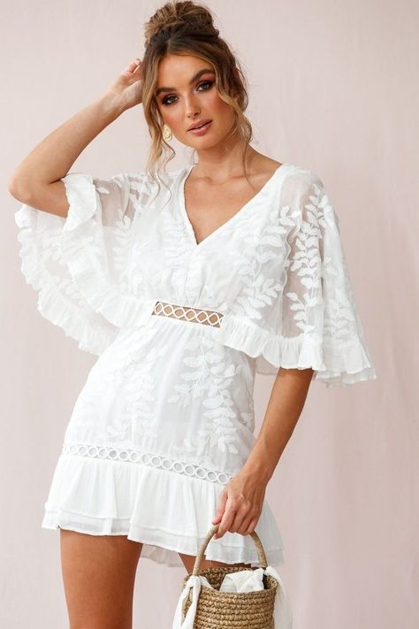 831c2f88a604a07ca94314b56a4921b8desc36293620ri Cuffed Sleeve Dress, Hot Party Dresses, Jackie Dress, Selfie Leslie, White Embroidered Dress, White Short Dress, Mid Length Dresses, White Outfits, White Mini Dress