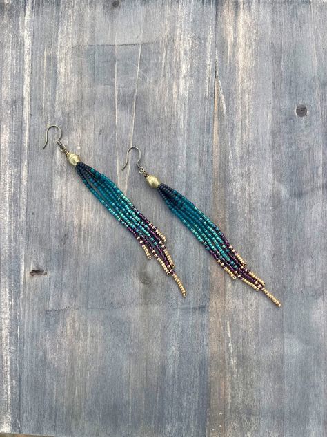 Long Seed Bead Earrings Peacock Colors Ombre Pattern Beaded - Etsy Long Seed Bead Earrings, Boho Beaded Earrings, Ombre Pattern, Ombre Earrings, Peacock Colors, Beaded Fringe Earrings, Native American Beaded Earrings, Beaded Earrings Patterns, Earrings Bohemian