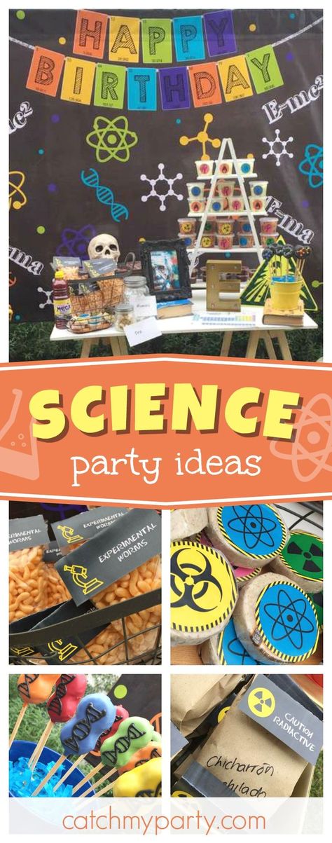 Take a look at this awesome Science birthday party! The cake pops are fun!! See more party ideas and share yours at CatchMyParty.com #catchmyparty #partyideas #science Science Party Cake, Science Party Food, Science Party Ideas, Science Cake, Science Birthday Party Ideas, Mad Science Party, Scientist Birthday, Mad Scientist Party, Scientist Party