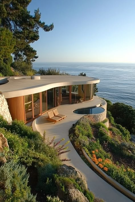 Mountain House Design Architecture, Circular House Architecture, House In Cliff, Cliff Homes, House On A Mountain, House On Cliff, House On Water, Large Beach House, Unique Houses Exterior