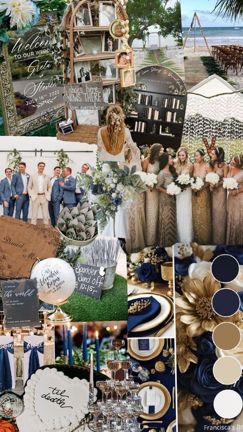 beach ceremony with navy angmd gold elegant reception Gold And Navy Wedding Theme, Navy Blue And Black Wedding, Gold And Navy Wedding, Beach Wedding Navy, Navy Wedding Theme, Navy Wedding Colors, Blue Beach Wedding, Sparkler Send Off, Cruise Wedding