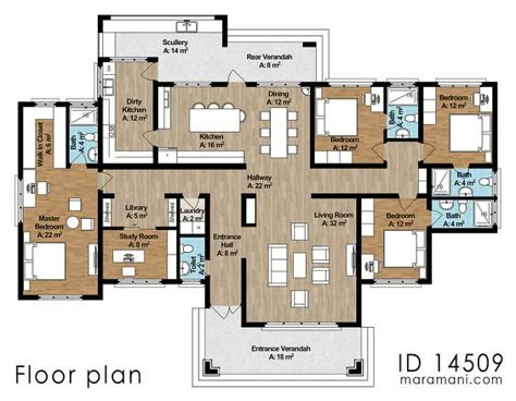 This 4 bedroom house is a pinnacle of clever spaces, large airy windows, and a timeless design offering flexibility and practicality. You'll love the bold brick and stone cladding elements, an eye-catching roof line, and architectural simplicity.From the front, the entry verandah leads you to the living room and 3 ensuite bedrooms to the right, and to the left, there is a guest toilet, laundry closet, a study room with a small library for books, and the master bedroom, which is secluded to give 4 Bedroom House Plans Open Floor Modern, 4 Bedroom 3 Bathroom House Plans, 4 Bedroom House Plan, 4 Bedroom Floor Plans, 4 Bedroom Spanish Style Floor Plans, Traditional Indian House Plans, Small 4 Bedroom House Plans, Floor Plans 4 Bedroom, Open House Ideas