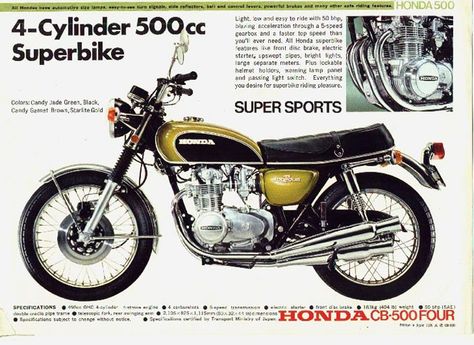 The classic of classics. Vintage Honda CB500 Four. candy jade green, 4 cylinder, 500cc Superbike motorcycle ad. Honda Superbike, Honda Cb Series, Classic Honda Motorcycles, Cb 450, Vintage Honda Motorcycles, Honda Cb 500, Motorcycle Ads, Japanese Motorcycle, Honda Bikes