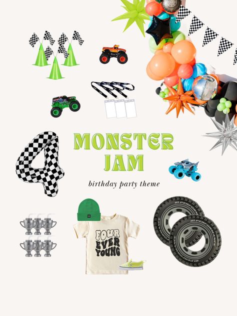 Monster jam party theme, monster truck party for kids, toddler boy 4th birthday party Gravedigger Birthday Party, Monster Jam Birthday Decorations, Monster Truck Fourth Birthday, Monster Jam 3rd Birthday Party Ideas, Monster Truck Bday Party, Monster Jam Outfit Women, Monster Jam 4th Birthday, 2nd Birthday Monster Truck Theme, Monster Truck 4th Birthday Party Ideas