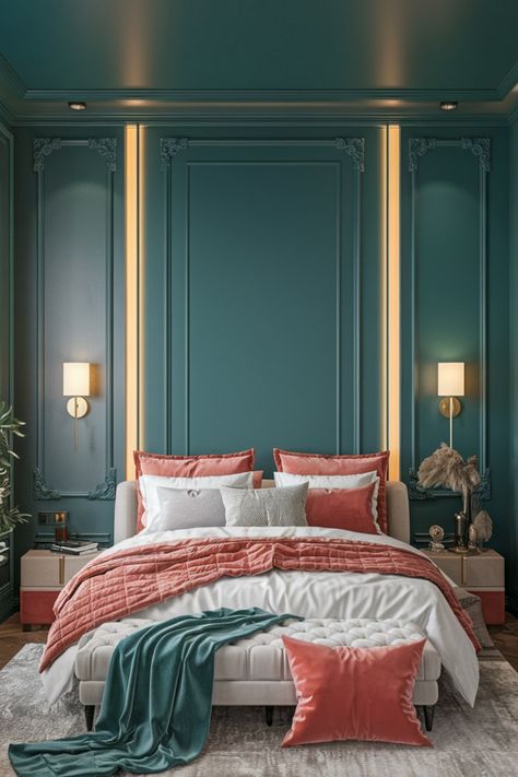 Elegant bedroom with teal walls, coral and white bedding, and warm lighting from wall sconces. Bedroom Teal Accent Wall, Bedroom With Teal Walls, Teal Wall Bedroom, Teal Accent Wall, Corner Accent Table, Bedroom Teal, Cozy Colors Palette, Teal Accent Walls, Coordinates Decor