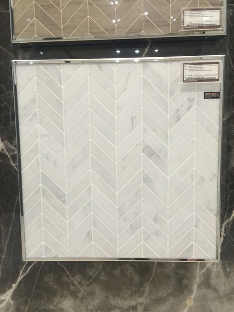 Oriental white marble chevron backsplash Shower With Chevron Tile, Marble Chevron Backsplash, Chevron Backsplash Kitchen, Chevron Tile Backsplash, Chevron Backsplash, Backsplash Diy, Brick Backsplash Kitchen, Hexagon Backsplash, White Grout