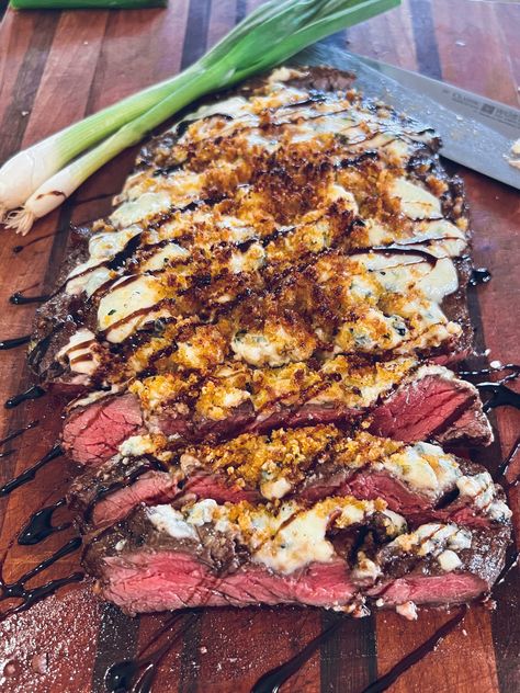 Bleu Cheese Steak Topping, Blue Cheese Steak Topping, Blue Cheese Crusted Steak, Unique Steak Recipes, Blue Cheese Butter For Steak, Flank Steak Dinner Ideas, Bleu Cheese Recipes, Balsamic Vinegar Marinade, Blue Cheese Steak