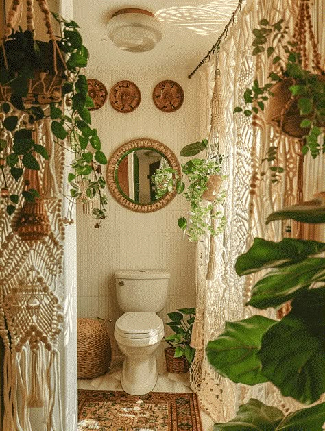 Hippy Bathroom Decor, Bohemian Restroom, Refreshing Bathroom Ideas, Plant Inspired Bathroom, Jungle Bathroom Aesthetic, Earthy Boho Bathroom Ideas, Desert Inspired Bathroom, Boho Bathroom Inspiration, Boho Bathroom Tile Ideas