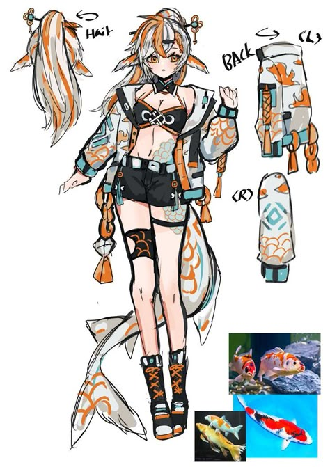 Koi Character Design, Koi Fish Clothes, Koi Fish Character Design, Koi Fish Character, Nekomata Oc, Vtuber Concept Art, Asian Oc Art, Holding Bat Reference, Koi Fish Oc