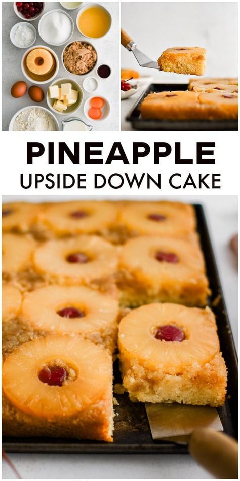 Pineapple Upside Down Cake is a retro classic! This delightful and delicious dessert features a soft, buttery vanilla cake infused with sweet pineapple juice and gooey caramelized brown sugar, then finished with canned pineapple rings and maraschino cherries. It's a cake for all occasions and celebrations! Pineapple Upside Down Cake For A Crowd, Pineapple Icebox Cake, Pineapple Upside Down Cake Recipe Easy, Upside Down Pineapple Cake, Pineapple Upside Down Cake Recipe, Pineapple Upside Down Cupcakes, Pineapple Rings, Raspberry Cookies, Maraschino Cherries