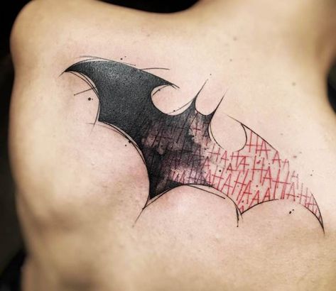 Hahaha Batman tattoo by Felipe Rodrigues | Post 17282 Batman Joker Tattoo, Batman Logo Tattoo, Batman Symbol Tattoos, Tato Geisha, Upper Back Tattoos, Nerd Tattoo, Batman Tattoo, Bat Tattoo, Symbol Tattoo