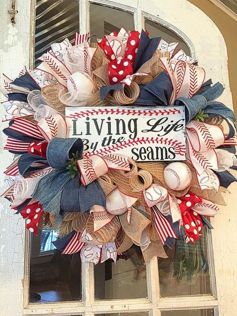 Softball Wreath, Army Wreath, Baseball Wreath, Diy Deco Mesh Wreath, Baseball Wreaths, Deco Mesh Wreaths Diy, Sports Wreaths, Americana Wreath, Mesh Wreath Diy