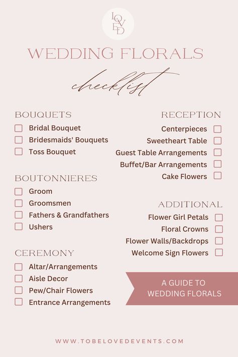 Planning your wedding flowers just got easier with this complete wedding floral checklist! This comprehensive guide covers every floral element, from bridal bouquets and boutonnieres to reception centerpieces and ceremony arrangements. It's a perfect way to ensure that your wedding day blooms beautifully from start to finish. Learn how to coordinate your floral arrangements to match your wedding theme and color palette.   Click the link for more wedding planning tips and tricks ✨ Floral Checklist For Wedding, List Of Floral Needs For Wedding, Wedding Florals Checklist, Wedding Floral List, Wedding Floral Checklist, How To Plan Wedding, How To Plan A Wedding, Reception Checklist, Wedding Photography Editing