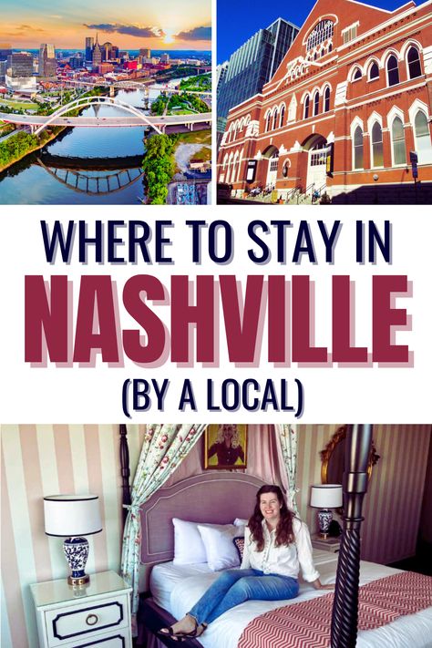 A woman sits on a bed at the Graduate Nashville, an aerial view of Nashville with the bridges and river, the Ryman Auditorium in Nashville Nashville Souvenirs, Where To Stay In Nashville, Southern Gifts, Nashville 2023, Nashville Birthday, Roadtrip Tips, Nashville Downtown, Nashville Travel, Nashville Hotels