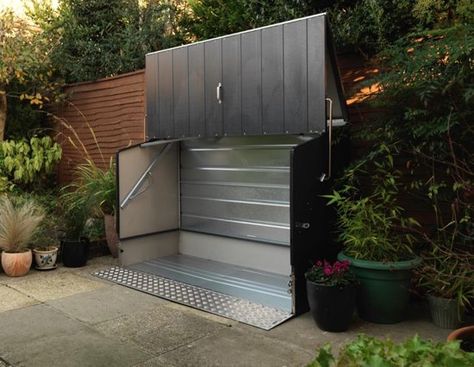 Garden Bike Storage, Bicycle Storage Shed, Apartment Garage, Outdoor Bike Storage, Bike Shelter, Bin Shed, Bicycle Store, Outdoor Biking, Bicycle Storage