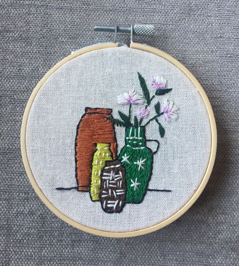 Still Life Embroidery, Hand Embroidery Art, Embroidery Art, Flower Vases, Still Life, Hand Embroidery, Enamel Pins, Vase, Embroidery