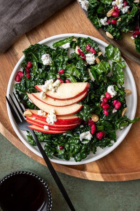 Crunchy Winter Kale and Pomegranate Salad Recipe - Tasting With Tina Winter Salads Healthy, Pomegranate Kale Salad, Smoked Sausage Recipes Pasta, Salad Winter, Pomegranate Recipes Salad, Salads Healthy, Smoked Sausage Pasta, Cozy Winter Recipes, Winter Salads