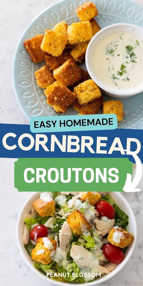 Use up every bit of that leftover cornbread and make these easy homemade cornbread croutons! Seasoned with melted butter and herbs and pinch of salt, they pair perfectly with salads using chicken, seasoned pork, or spicy shrimp. Drizzle a homemade buttermilk dressing over the top for the perfect finishing touch. Summer Lunch Ideas For Kids, Side Salads For Parties, Easy Summer Lunch Ideas, Crispy Cornbread, Lunches To Bring To Work, Mushroom Crostini, Memorial Day Party Ideas, Salads With Chicken, Easy Homemade Cornbread