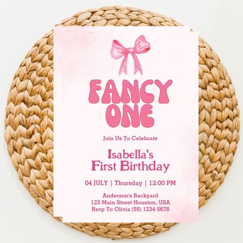 Minimalist Pink Bow Fancy One Pink Bow Coquette Girl 1st Birthday Party Invitation  Celebrate your precious one's 1st birthday with style! Our editable fancy pink watercolor ribbon bow invitation will leave your guests swooning. Not only exquisite and charming, it's easy-to-customize, ensuring the invitation is as unique as your little lady. Get ready to make the celebration of your baby's 1st year memorable with our coquette girl 1st birthday party invitation. Bow First Birthday Party, Watercolor Ribbon, Bow Theme, Bow Invitation, Baby First Birthday Themes, Pink First Birthday, Birthday Boards, Bow Birthday, Girl 1st Birthday