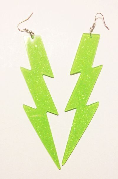 Neon Green Lightning, Green Lightning, Cyberpunk Outfit, Glamrock Chica, Bolt Earrings, Lightning Bolt Earrings, Neon Aesthetic, Glam Rock, Lightning Bolt