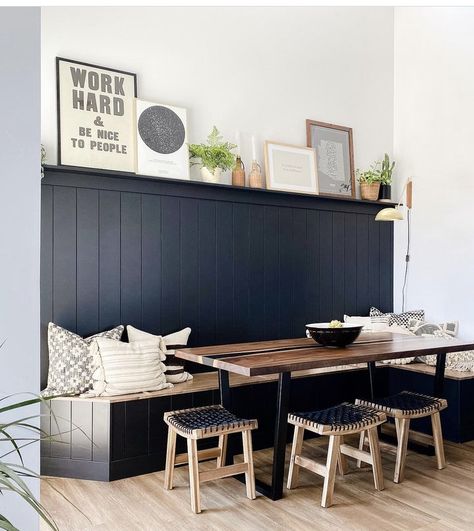 Bench Seating Dining Room Small Spaces, Build In Dining Bench, Diningroom Builtin Bench, Dark Banquette Seating, Built In Bench With Back, Dining Bench Against Wall Built Ins, Diy Built In Kitchen Bench, Bench Wall Dining Table, Breakfast Built In Nook